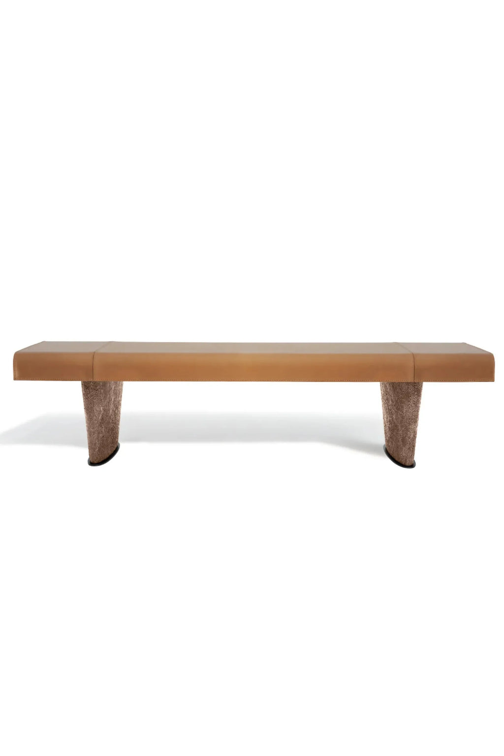 Hessentia Cheope Bench, a sophisticated contemporary bench featuring a long, minimalist seat upholstered in smooth tan leather with precise stitch detailing.