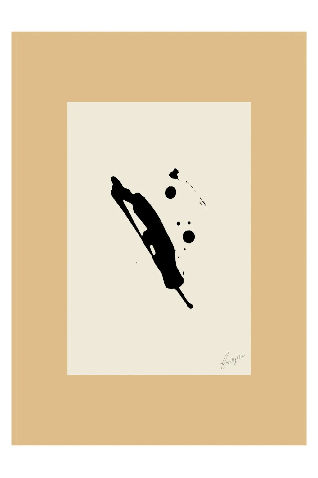 The Poster Club Imagine, a minimalist abstract art print featuring a bold, elongated black organic shape with subtle brushstroke textures and splatter details against a warm cream background, framed by a light tan border. This contemporary wall art is perfect for enhancing modern living rooms, japandi bedrooms, or a curated gallery wall.