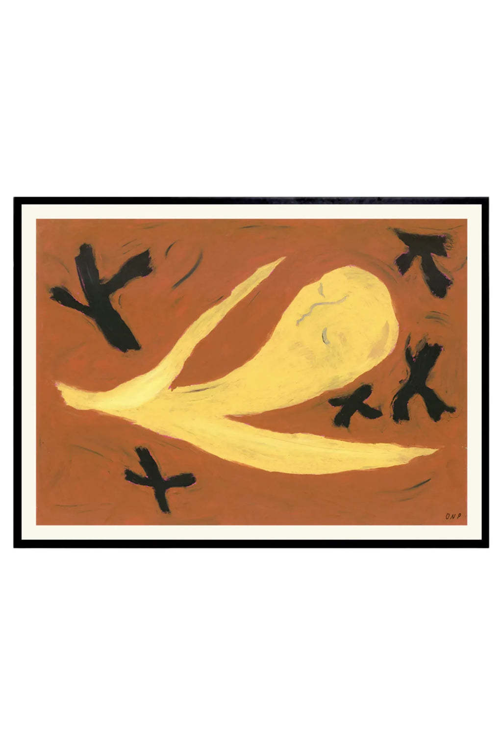 The Poster Club Majregn, a modern abstract art print featuring a vibrant yellow organic shape against a warm rust orange background, accented by bold black brushstroke forms. This contemporary framed poster, presented with a crisp white mat and sleek black frame, adds a touch of expressionist style. Ideal for gallery walls or as a statement piece in modern living rooms, bedrooms, or home offices.