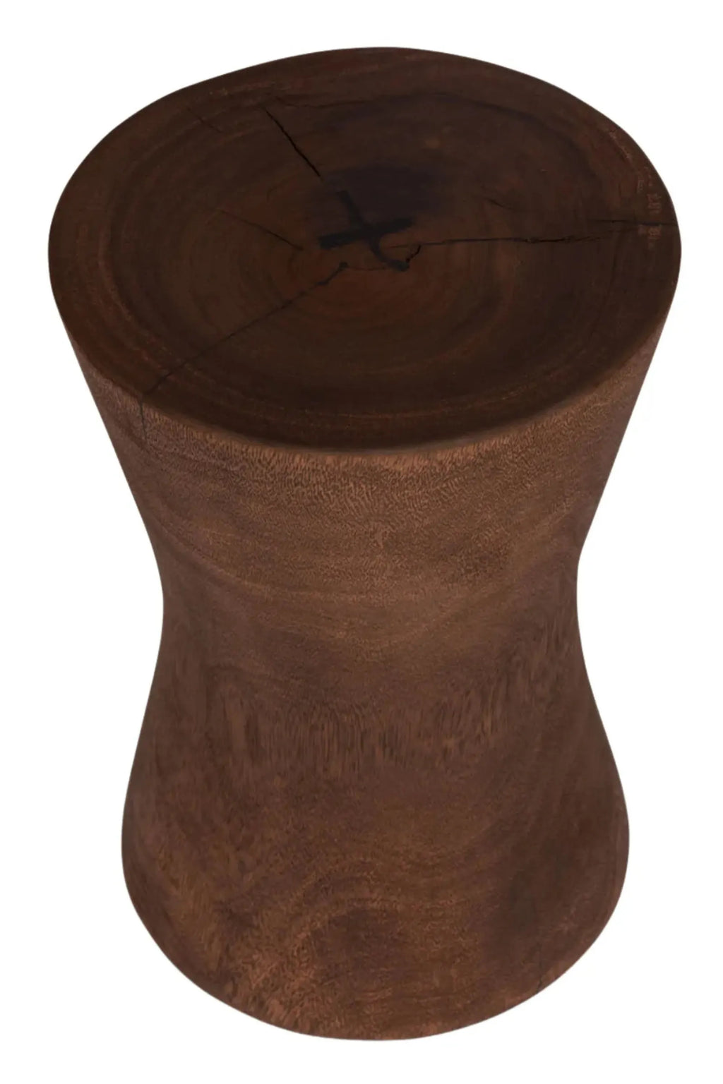 Detjer Stool S.A.S. 002, a dark brown solid wood accent stool featuring an elegant hourglass silhouette and rich, natural wood grain. This organic modern stool showcases visible tree rings and subtle natural cracks on its smooth top surface, highlighting its authentic material. Perfect as a versatile side table for living rooms, a unique bedroom accent, or a stylish plant stand in contemporary and rustic interiors.