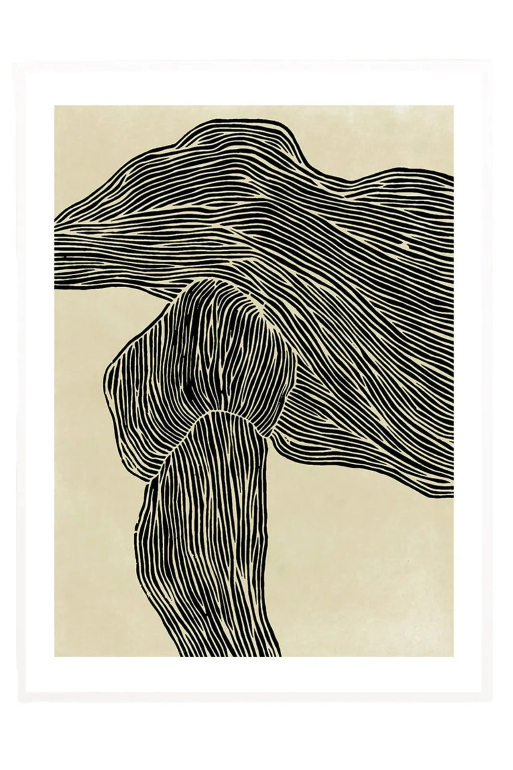 The Poster Club The Line No 16, an abstract art print featuring bold black organic lines that create a flowing, textured form against a warm, subtly textured beige background. This minimalist black and beige wall art is perfect for contemporary gallery walls, Scandinavian living rooms, or Japandi-inspired bedrooms.