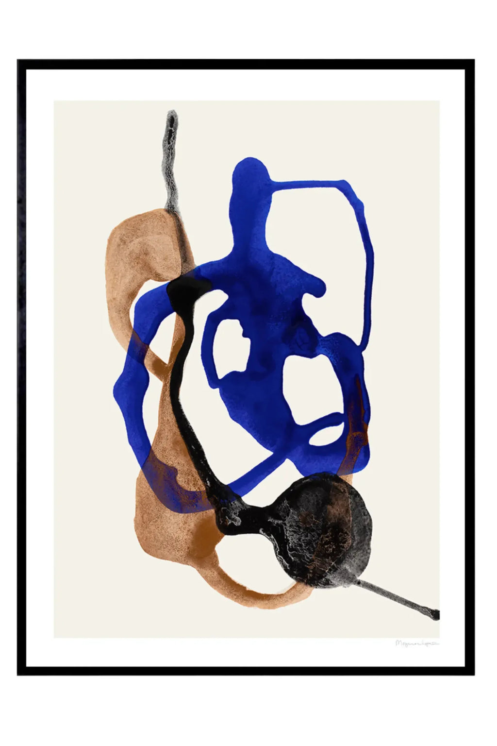 The Poster Club Float, a contemporary abstract art print showcasing bold, organic forms in rich royal blue, warm cognac brown, and textured black, with a subtle painterly finish, all presented against a.