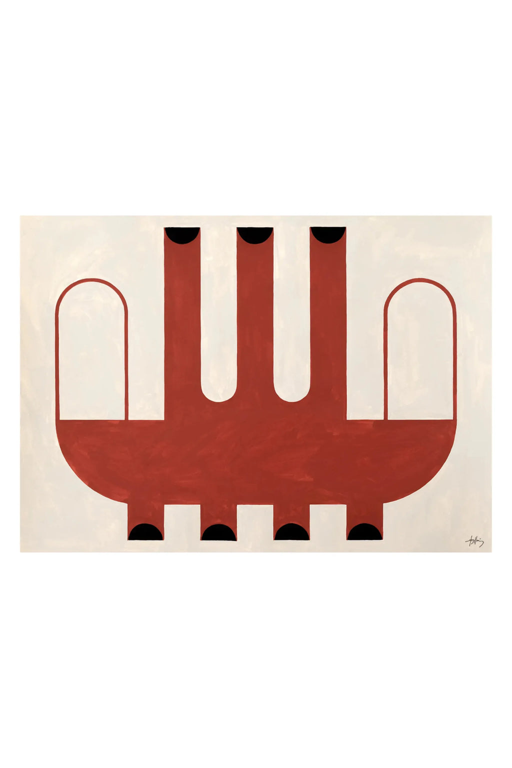The Poster Club Ship Vase, a striking modern abstract art print featuring bold terracotta red geometric shapes resembling a ship or vase with rounded arches and pillars, accented with black semi-circles against a textured off-white background. This minimalist contemporary wall art is ideal for adding organic modern style to living rooms, bedrooms, or gallery walls.