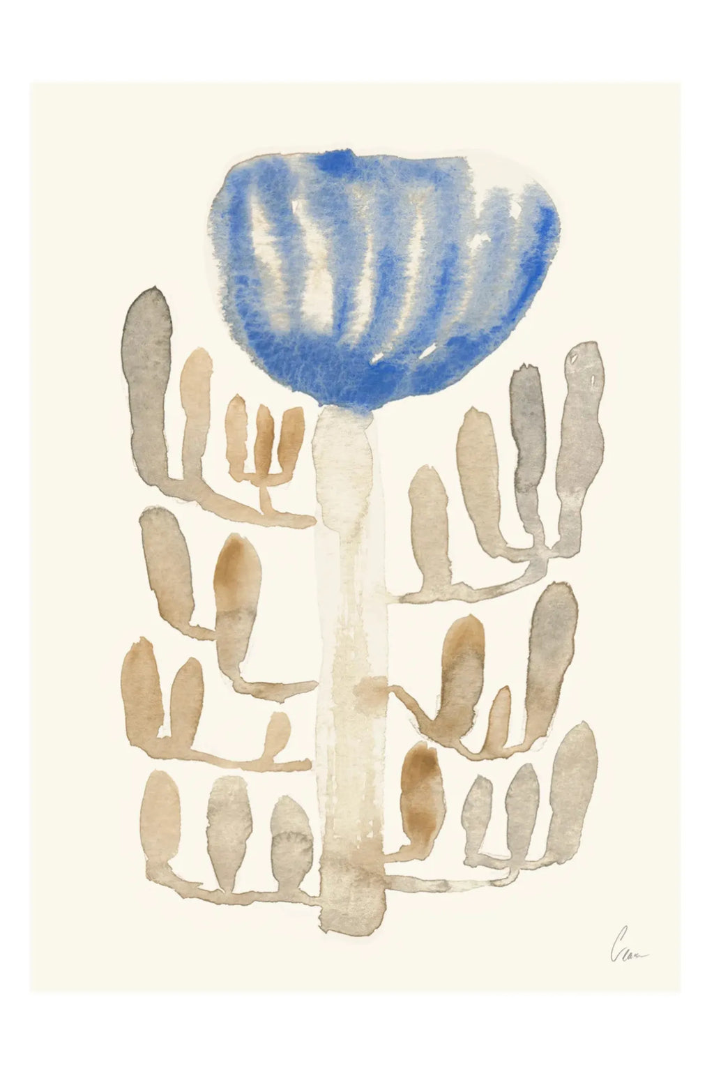 The Poster Club Oktober, an abstract watercolor art print featuring a large muted blue organic shape atop a branching stem-like form, rendered with soft, textured brushstrokes in warm beige and greyish-brown tones on a cream background. This minimalist botanical poster is perfect for adding serene organic modern wall art to Scandinavian living rooms, bedrooms, or contemporary gallery walls.