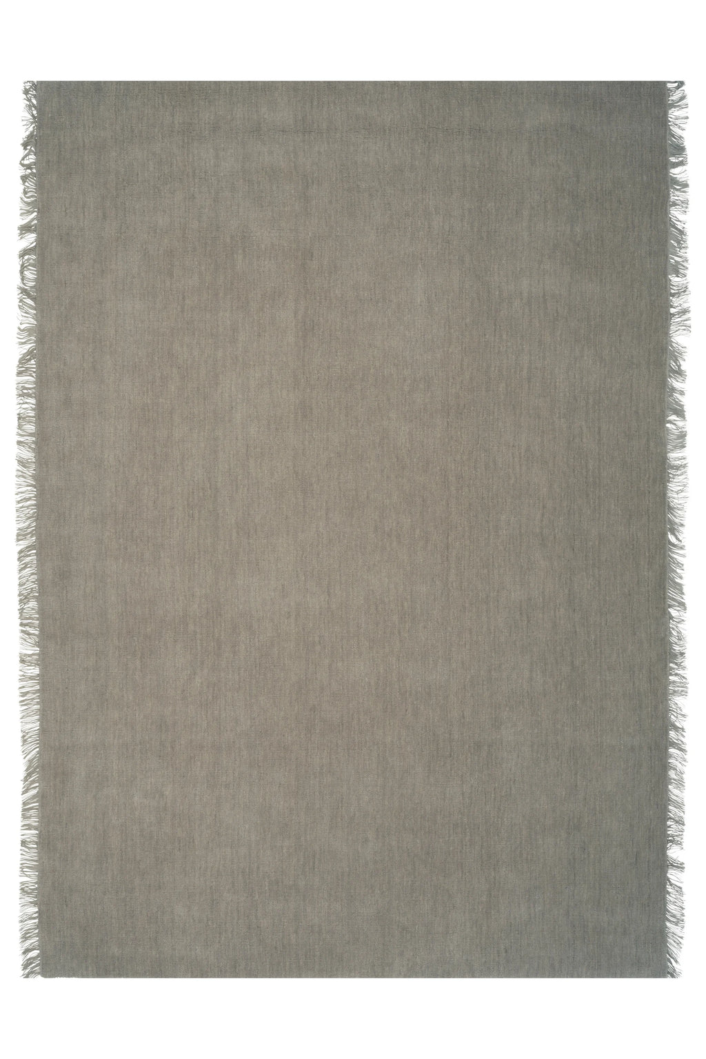 Linie Design Abyss Bliss Wool Rug, a modern minimalist area rug crafted from premium wool with a subtle grey-taupe hue and a textured flatweave finish. This Scandinavian-inspired rug features delicate fringed edges, adding an organic touch to its neutral design. Perfect for a cozy living room, bedroom, or contemporary home office.