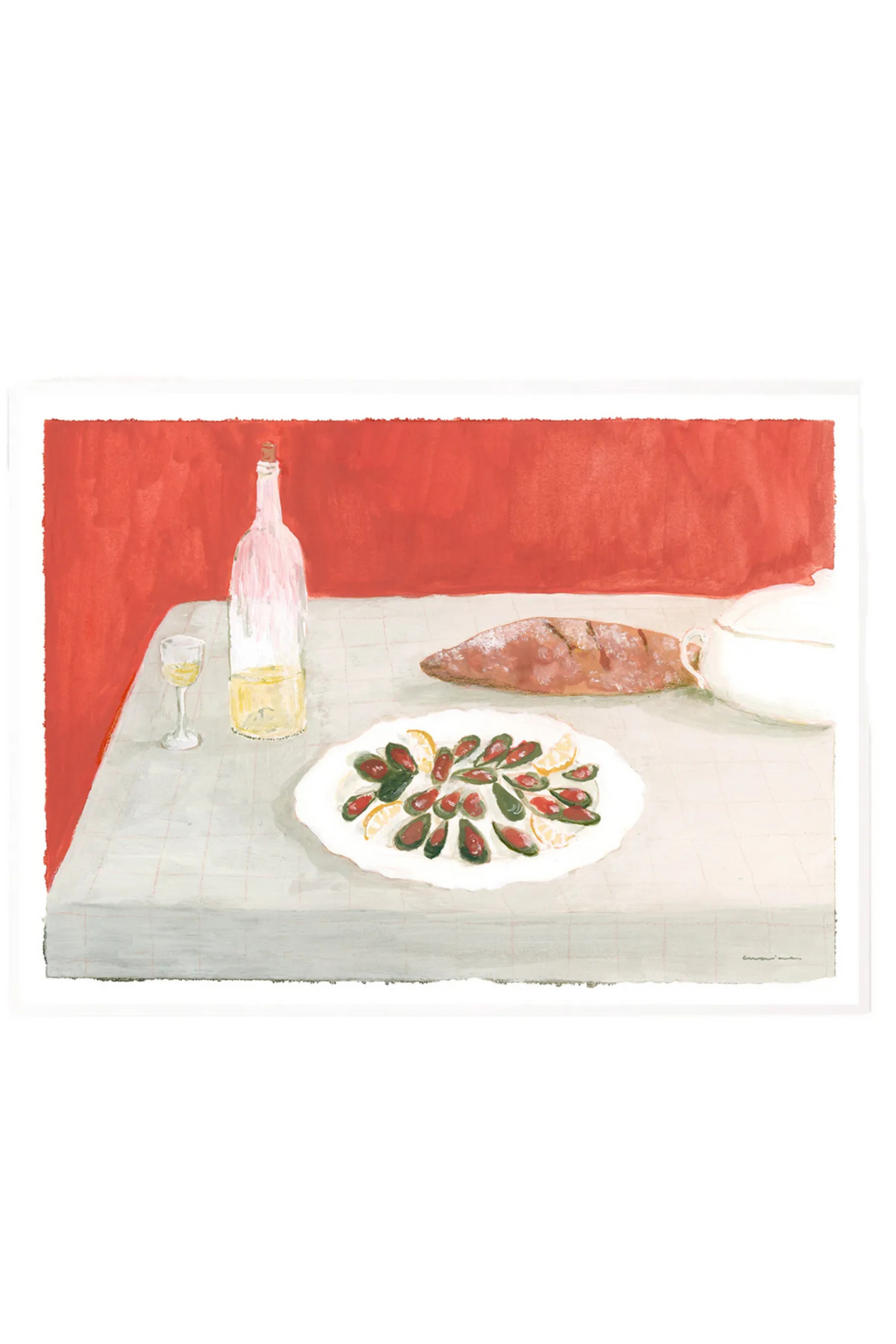 The Poster Club Bodegón con Mejillones, a vibrant painterly still life art print depicting a rustic Mediterranean dining scene with abstract brushstrokes. This contemporary art poster features a plate of green and red mussels with lemon slices on a soft grey checkered tablecloth, alongside a pale yellow wine bottle, glass, and a brown baguette, all set against a rich red background.