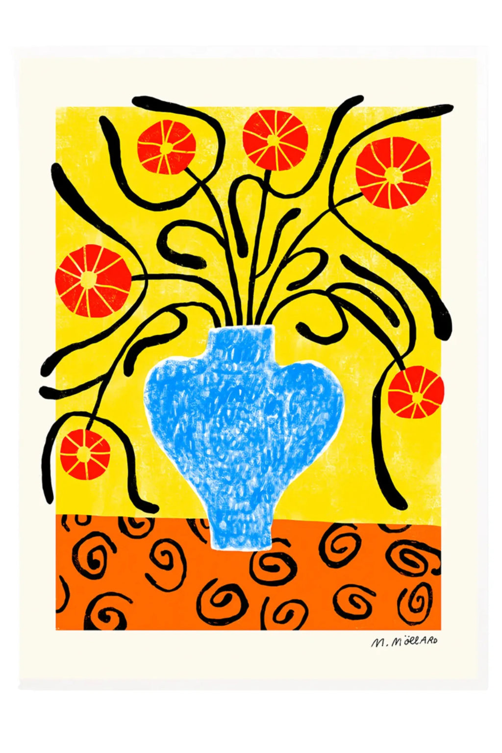 The Poster Club Flowers in Blue Vase, a vibrant abstract art print featuring a textured electric blue vase with bold black organic stems and graphic red and yellow flowers.