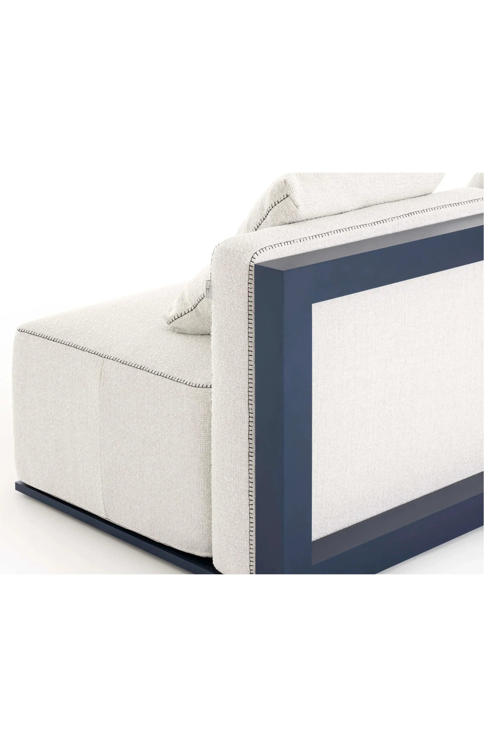 Gandia Blasco Islablanca Outdoor Sofa - Sectional 1, a modern outdoor sofa featuring light grey textured outdoor fabric upholstery with bold black contrasting stitching and a sleek dark navy blue powder-coated aluminum frame. This contemporary modular outdoor sectional is ideal for creating a sophisticated patio lounge or garden living space.