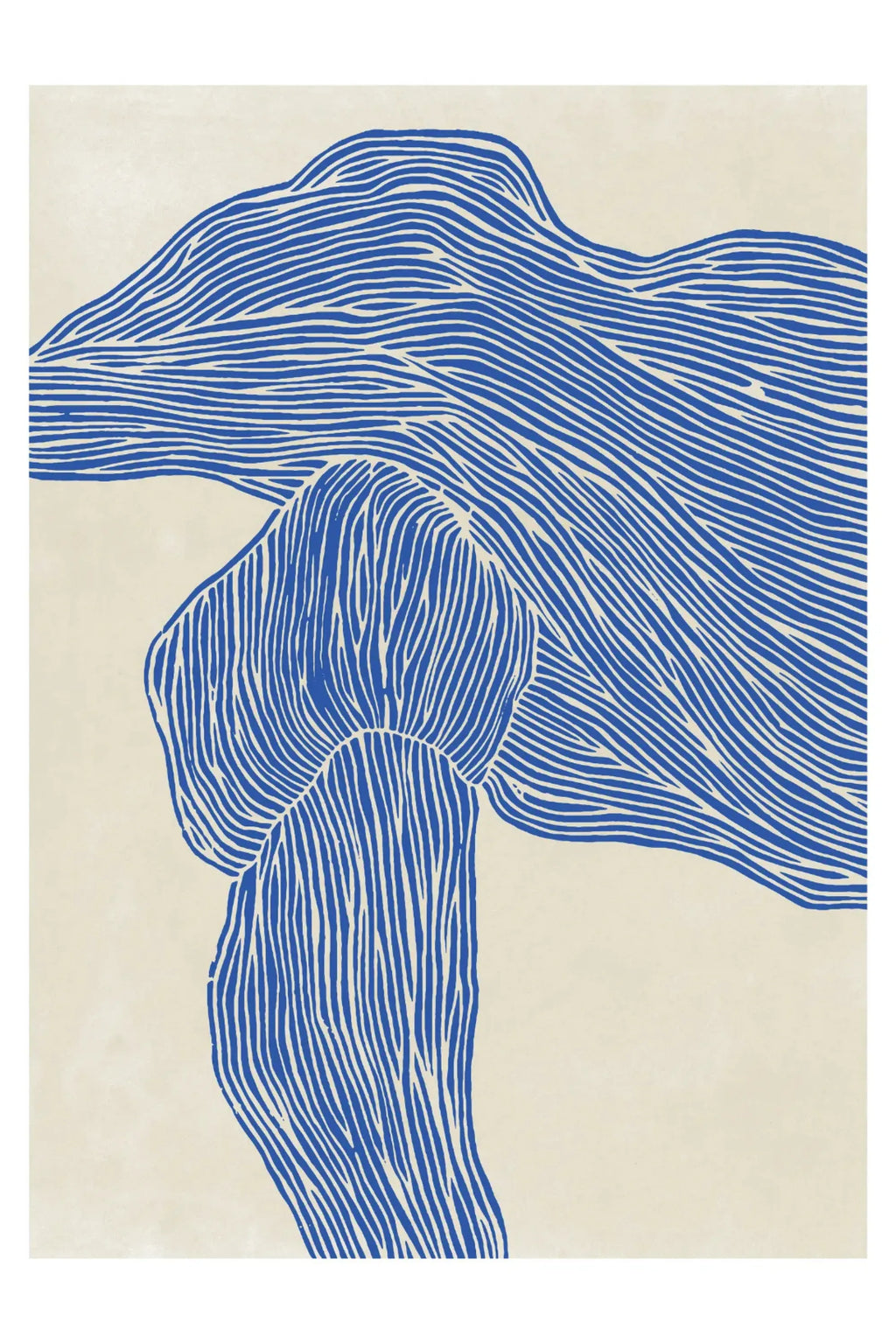 The Poster Club The Line – Navy, a minimalist abstract art print showcasing flowing, organic deep navy blue lines that create dynamic shapes against a subtle light beige background. This contemporary line art poster offers a tranquil focal point for modern living rooms, Scandinavian bedrooms, or artful gallery walls.