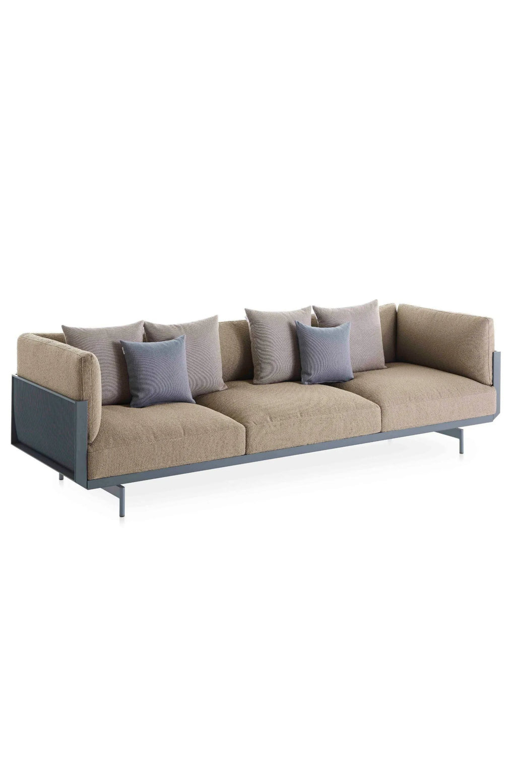 Gandia Blasco Onde 3-seater Sofa, a modern outdoor sofa featuring a durable grey powder-coated aluminum frame with distinctive ribbed side panels and comfortable beige textured outdoor fabric upholstery. This contemporary 3-seater couch includes matching grey back cushions and light blue accent pillows, offering stylish and resilient patio furniture for modern outdoor living spaces.