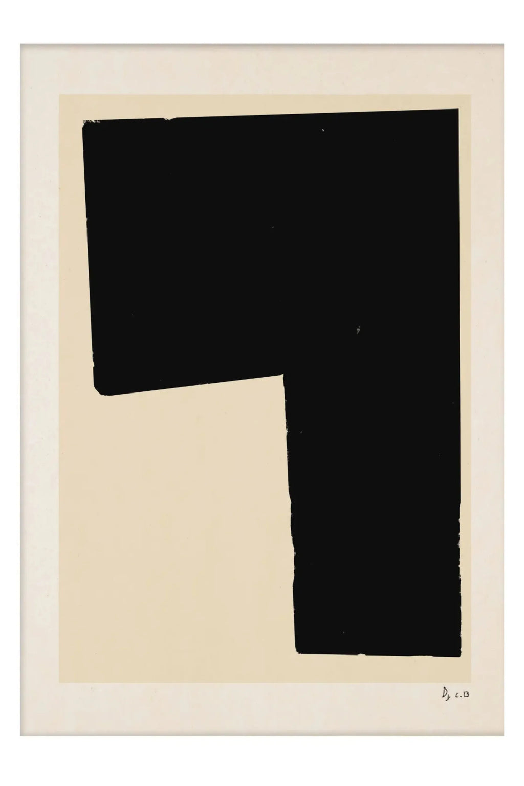 The Poster Club Black Object 02, a minimalist abstract art print featuring a bold, graphic black L-shaped block with subtly textured edges, set against a warm cream-colored background.