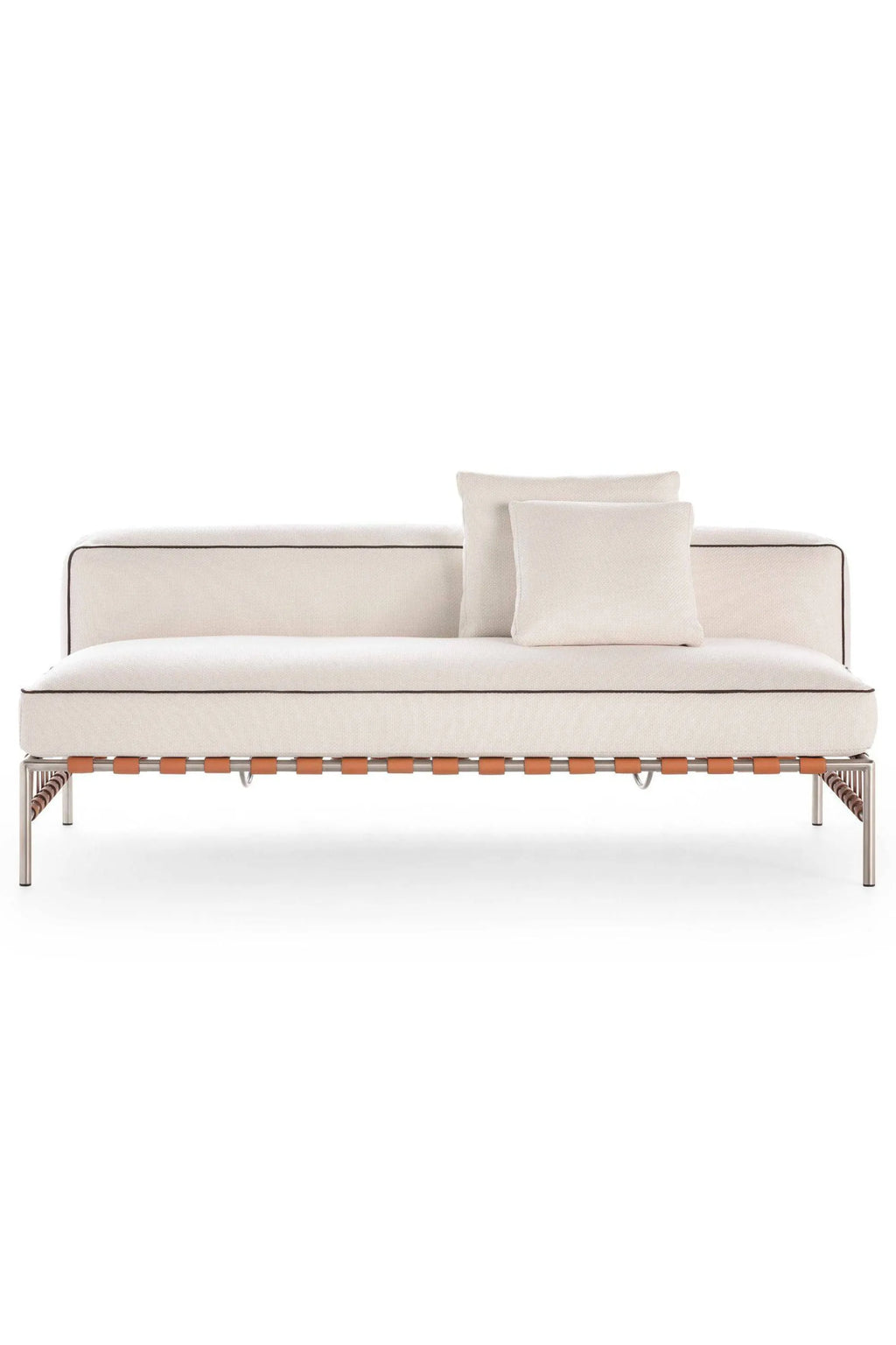 Gandia Blasco Onsen Sectional 4, a modern minimalist outdoor sofa featuring a sleek brushed stainless steel frame with a distinctive suspension of tan leather straps, supporting plush cream-colored woven fabric.