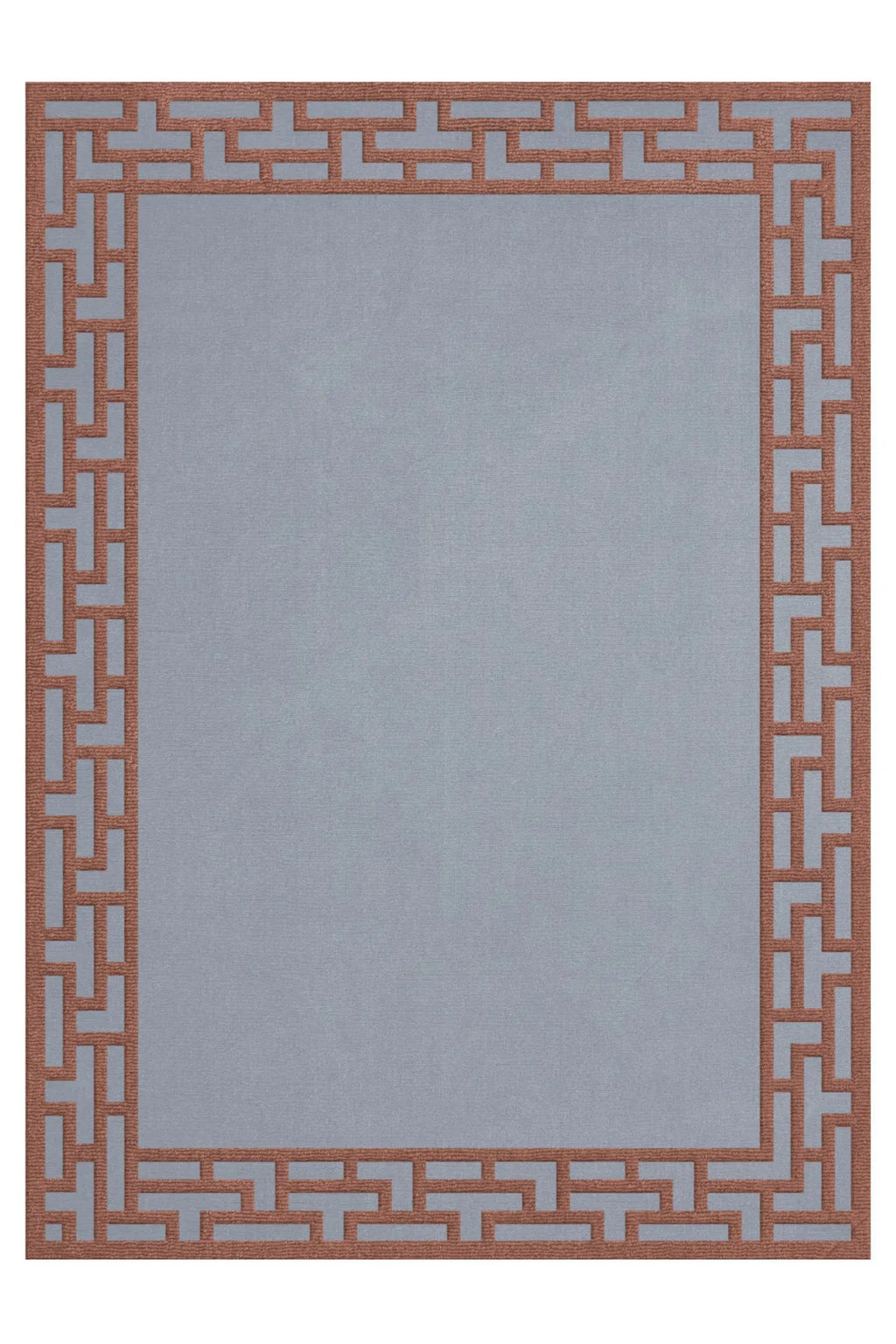 Layered Indocine Wool Rug, a rectangular area rug featuring a light blue-grey field with a prominent terracotta border in a geometric Greek key pattern. Perfect for adding a modern, elegant touch t...
