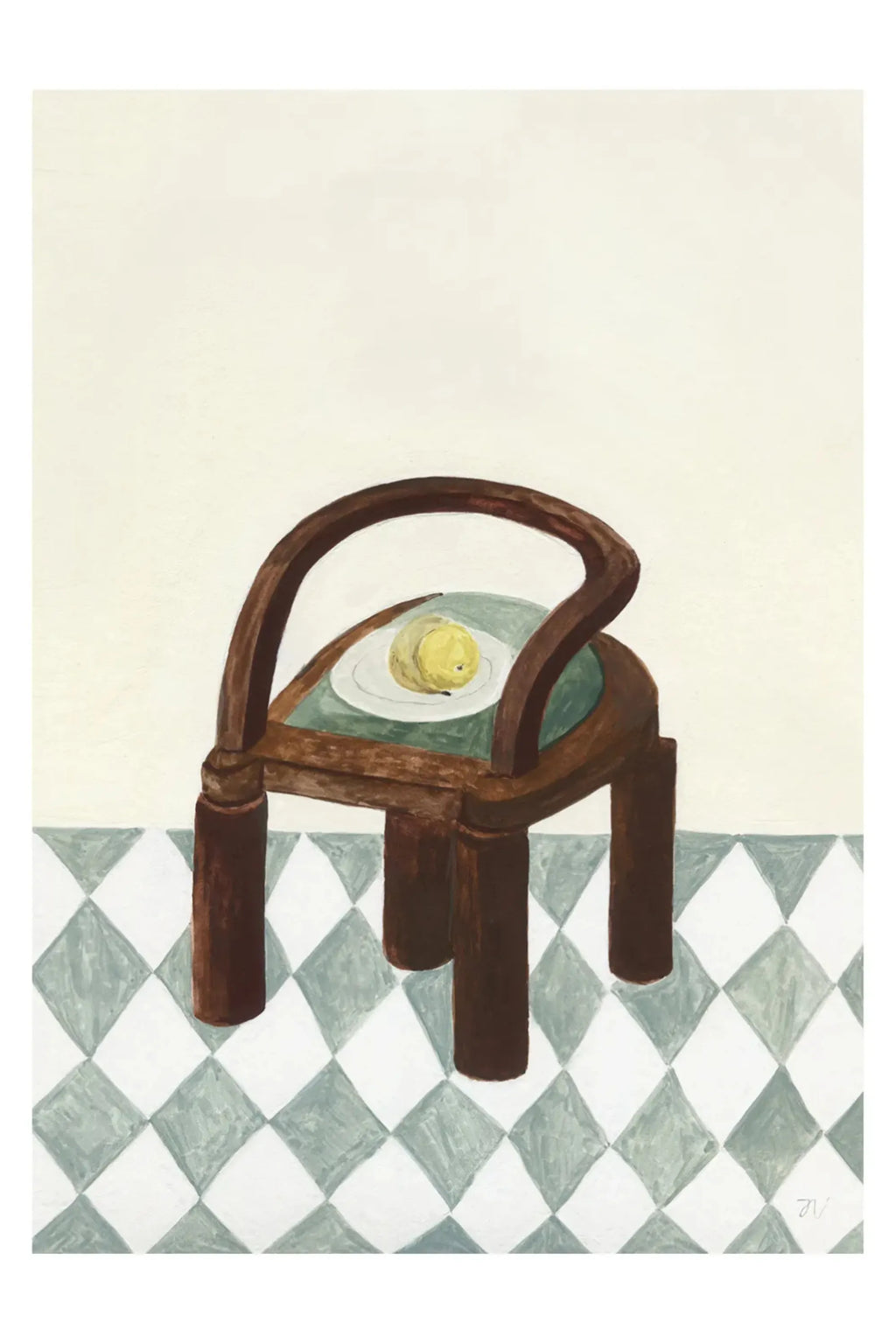The Poster Club Chair with Fruit, a charming naive art print featuring a dark brown organic modern chair with a sage green upholstered seat, holding a single yellow fruit on a white plate, set against a cream background and a sage green and white checkered floor. This minimalist still life poster is perfect for contemporary kitchen wall art, dining room decor, or a rustic gallery wall.