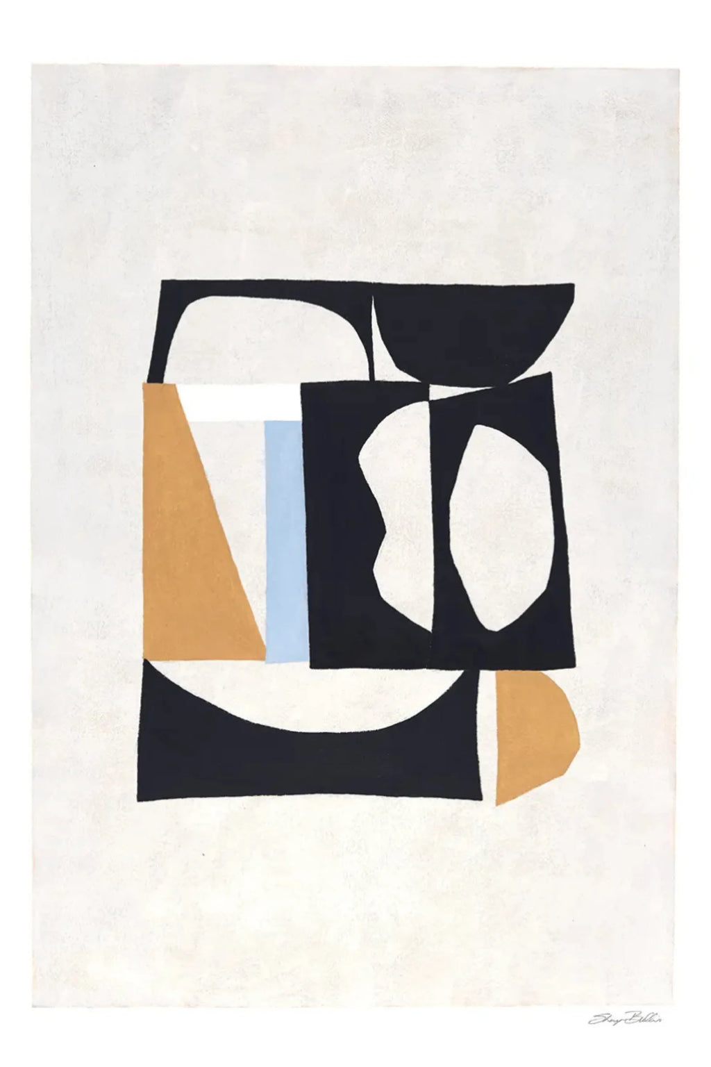 The Poster Club Delicacies, a modern abstract art print showcasing a bold composition of organic and geometric shapes in striking matte black, warm caramel, crisp white, and a soft light blue accent. The design rests on a creamy off-white textured background, creating a minimalist yet dynamic aesthetic. Perfect as contemporary wall art for a sophisticated gallery wall, modern living room, or elegant bedroom decor.