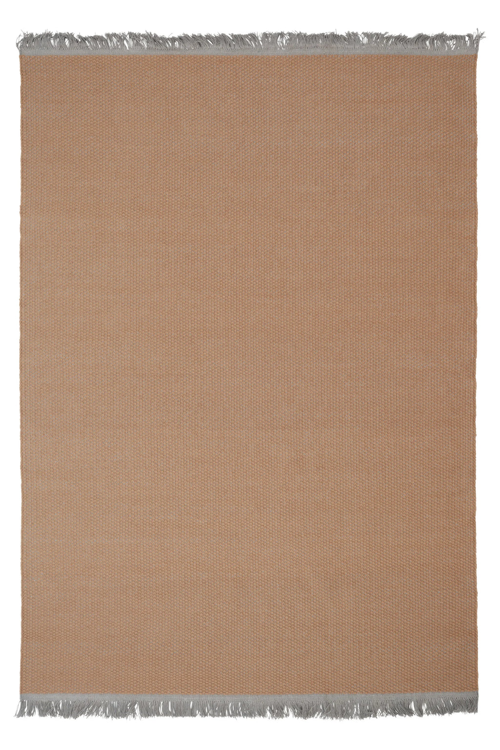 Linie Design Pastoral Unity Wool Rug, a warm terracotta hand-woven flatweave wool rug with a subtle textured weave and contrasting light grey fringe along the short edges.