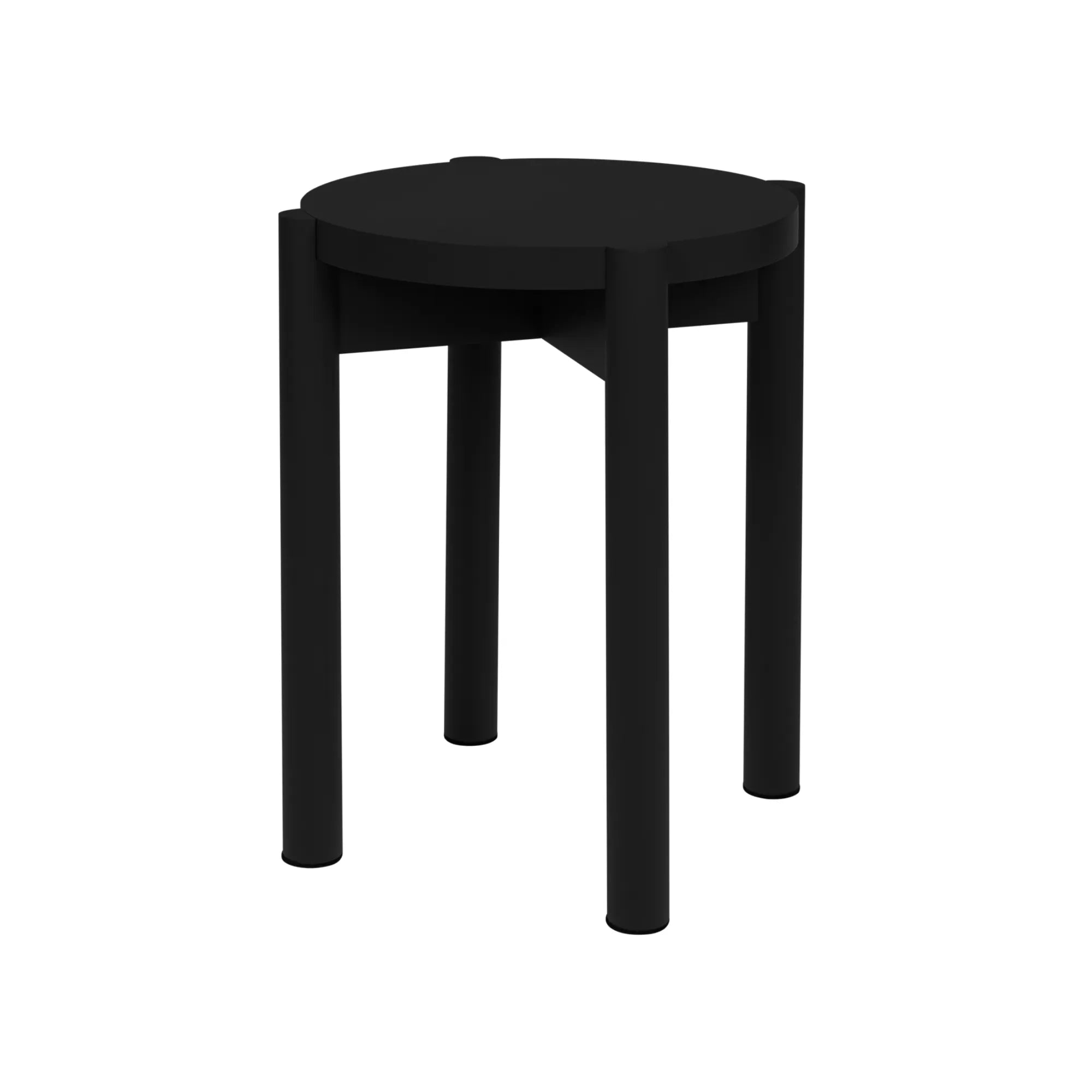 A wooden Hopp Stool with a curved seat and tapered legs