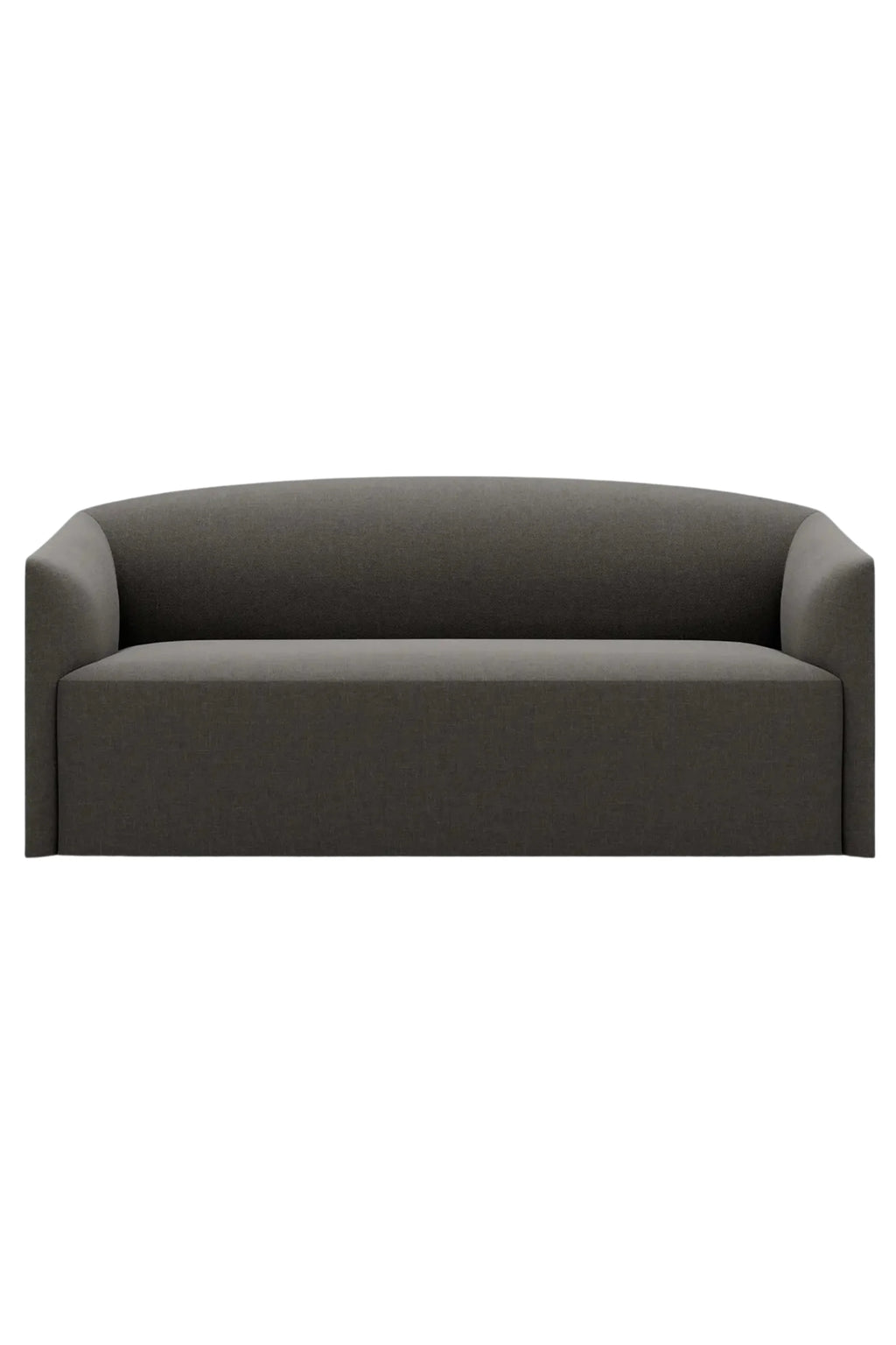 New Works Shore Sofa 2-Seater - Extended Base, a contemporary dark grey upholstered sofa featuring a subtly textured fabric and a sleek, modern minimalist design. It boasts a gently curved backrest that flows seamlessly into rounded arms and a low, extended base. Perfect for stylish living rooms or compact organic modern and Nordic-inspired spaces.