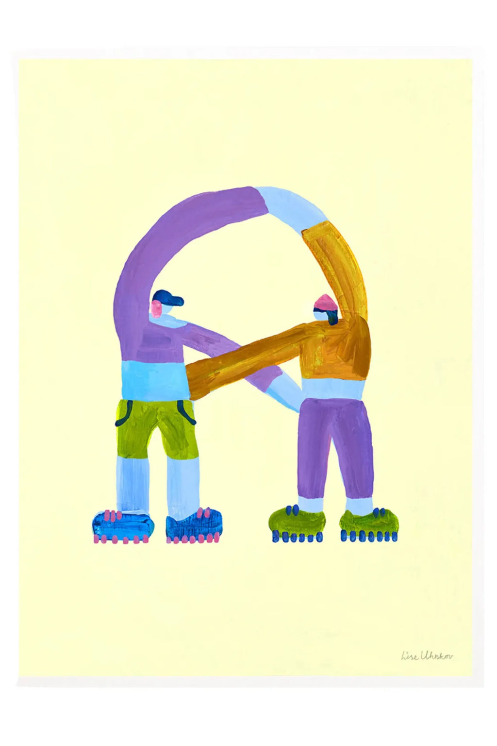 The Poster Club Crossroads, a playful contemporary illustration art print by Lise Uhrskov, depicts two colorful abstract figures forming the letter 'A' on a pale yellow background.