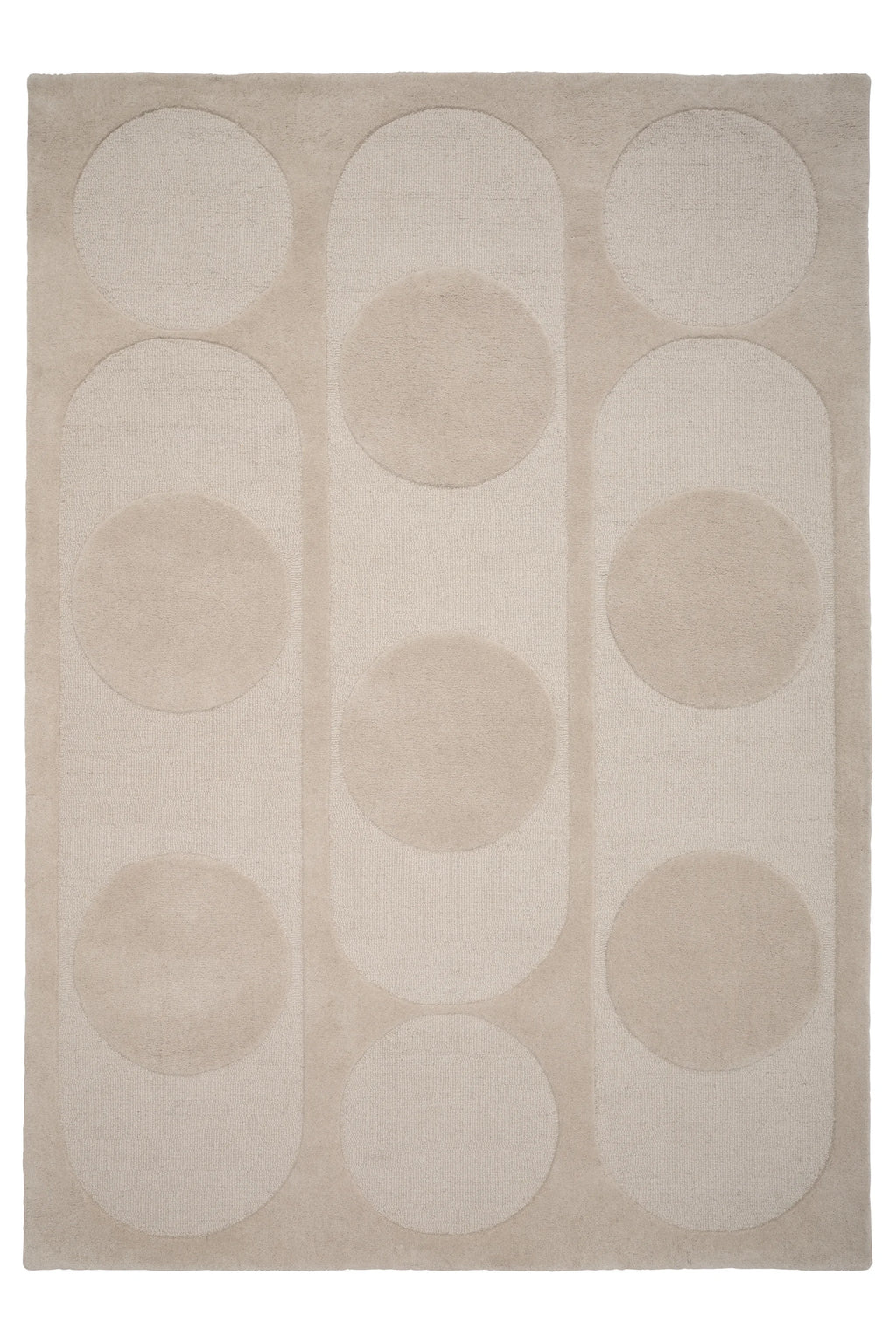 Linie Design Orb Alliance Wool Rug, a modern geometric area rug crafted from premium wool in natural beige and cream tones. This contemporary rug features a subtle high-low pile texture, creating a raised pattern of interlocking circles and rounded oval shapes for an organic modern aesthetic. Perfect for adding soft texture and minimalist style to living rooms, bedrooms, or cozy reading nooks.
