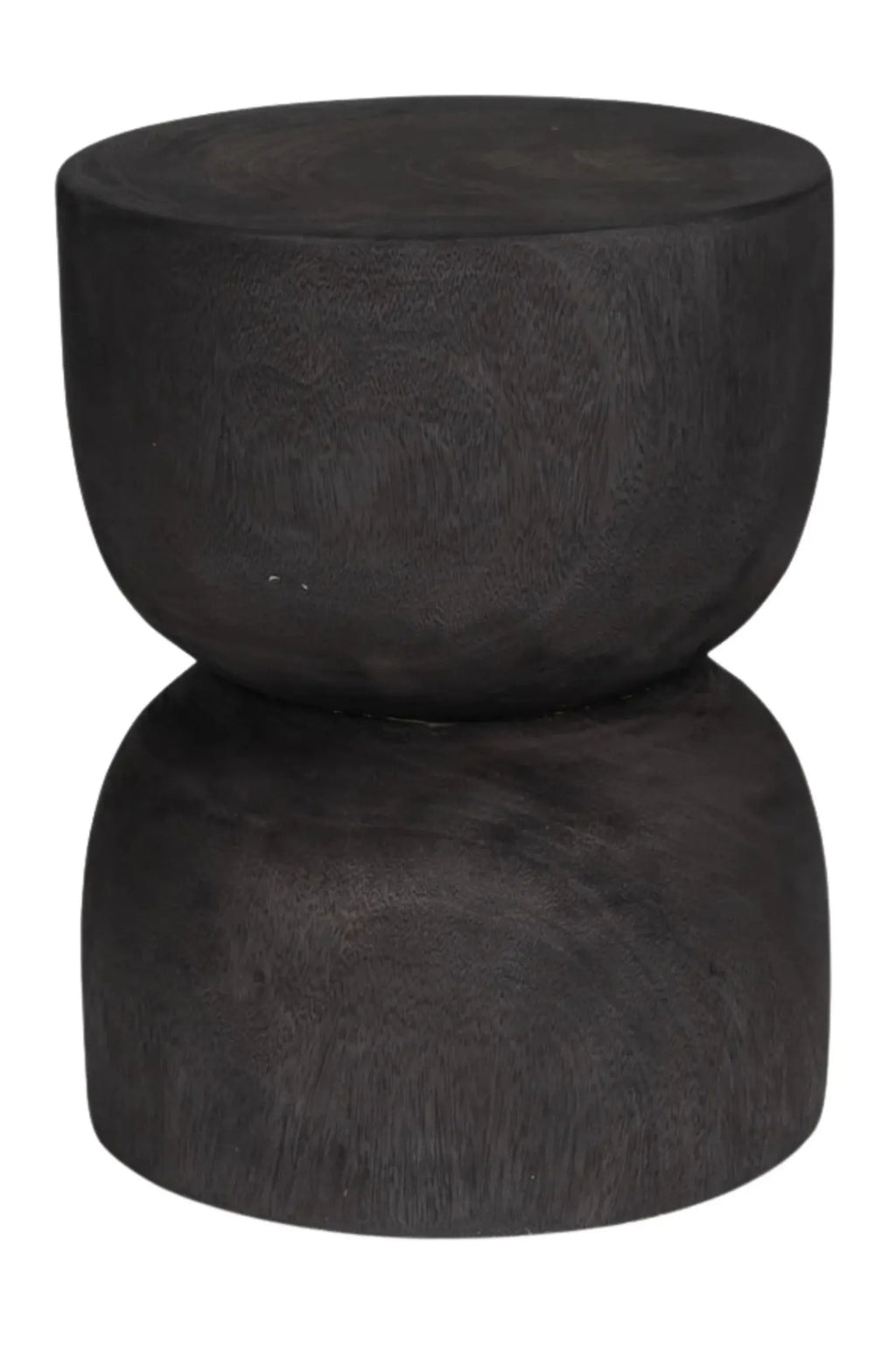 Detjer Stool S.A.S. 004, a dark solid wood stool featuring a distinctive hourglass shape and rich black wood finish with visible natural grain. This organic modern accent stool or minimalist side table offers a versatile design. Perfect for contemporary living rooms, bedrooms, or as a unique plant stand.