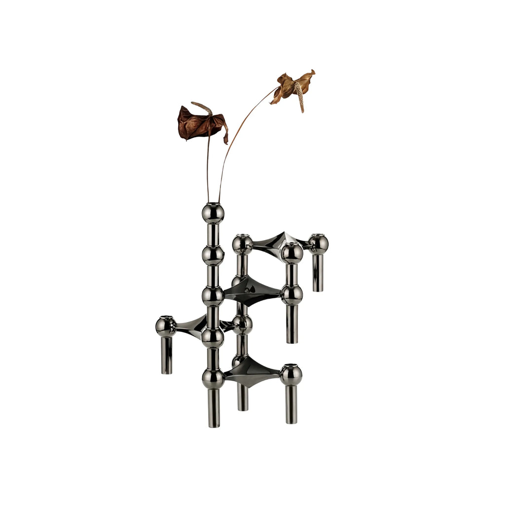 Stoff Nagel Modular Candle Holder - Black Chrome - Configuration 2, an iconic mid-century modern design crafted from polished black chrome metal with a sculptural, interlocking structure of spherical joints and cylindrical arms.