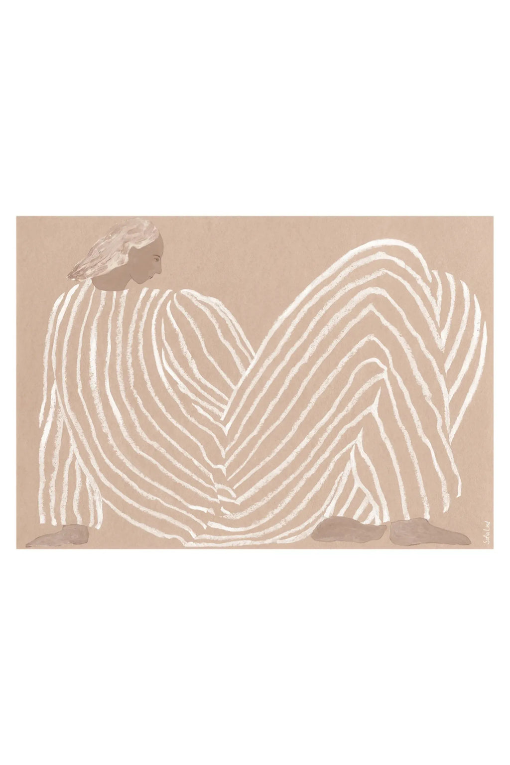 The Poster Club Me, a minimalist abstract art print featuring a reclining human figure composed of organic, hand-drawn cream and off-white stripes against a warm beige background. This contemporary art print offers a serene, neutral aesthetic, perfect for modern gallery walls, Scandinavian living rooms, or tranquil bedroom decor.