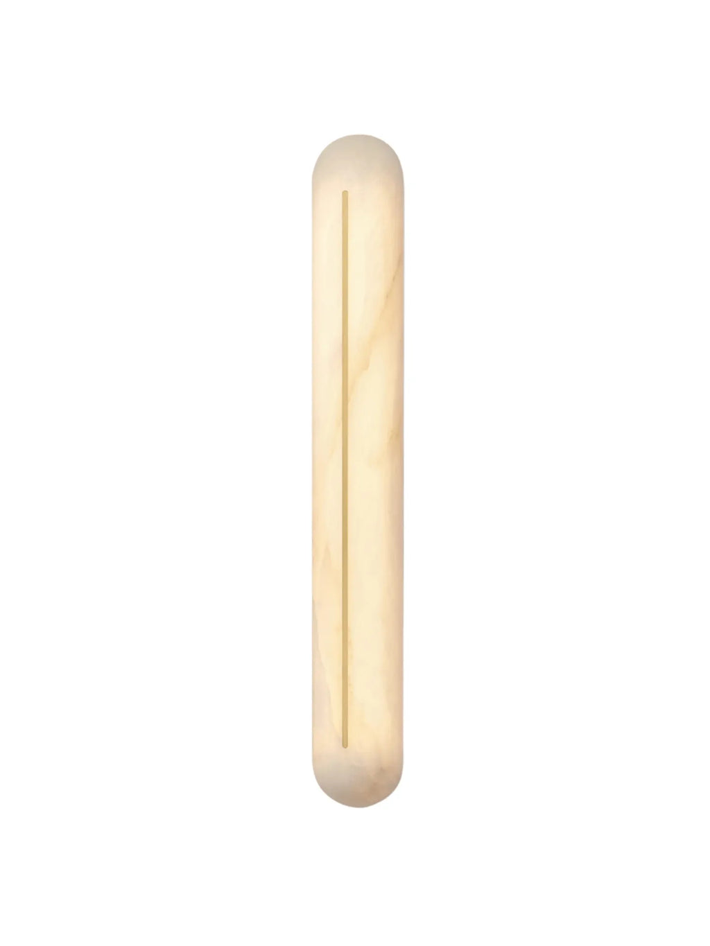 CTO Lighting Hepworth Tall Wall Light, a modern minimalist alabaster wall sconce featuring a long, slender capsule shape with rounded ends and a subtle brass vertical accent strip. This luxurious natural stone LED wall light offers soft, diffused illumination, highlighting the unique veining of the warm cream alabaster. Perfect for contemporary hallways, elegant living rooms, or organic modern bedroom lighting.