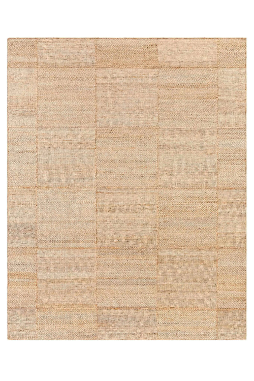 GAN Rugs Roots 02 Rug, a natural beige hand-woven jute rug featuring a distinctive patchwork design with alternating horizontal, vertical, and diagonal weave patterns, creating a rich, textured surface.