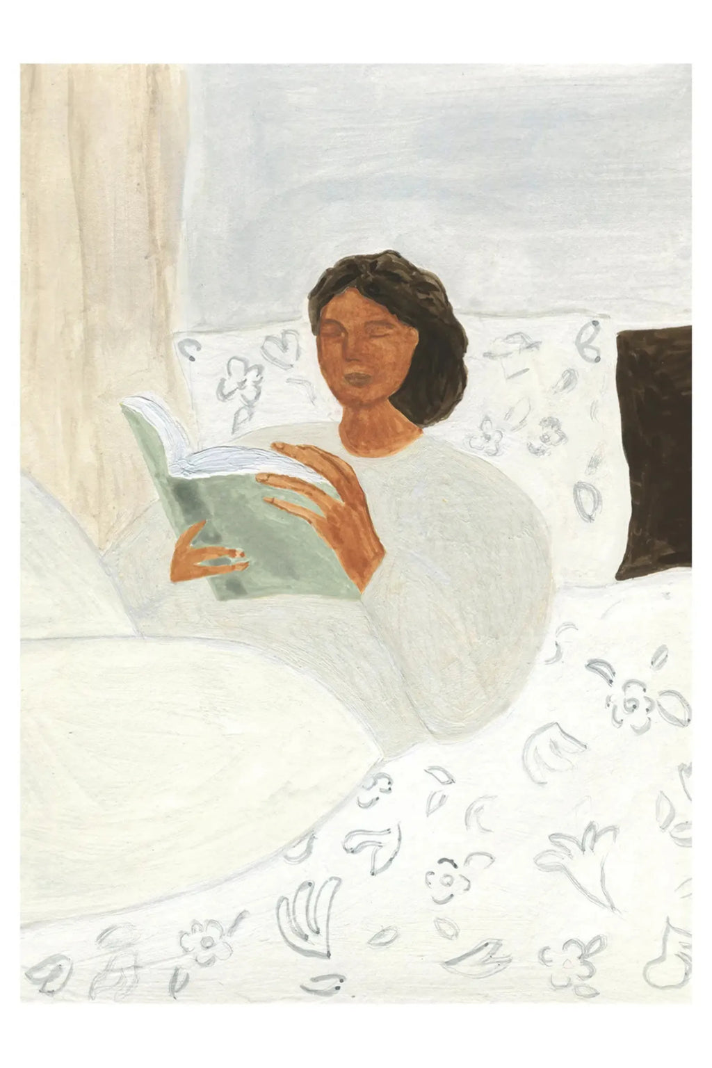 The Poster Club Morning Read, a calming minimalist art print depicting a woman quietly reading in bed, rendered in a soft gouache painting style with muted cream, off-white, light blue, and.