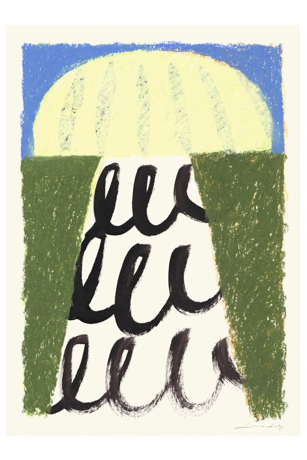 The Poster Club Energize, a vibrant abstract art print featuring a bold composition of royal blue, pale yellow, and olive green blocks with a distinct crayon-like texture. Expressive black wavy lines create a dynamic focal point against the off-white background, rendered with a playful, hand-drawn aesthetic. Ideal as modern wall art for contemporary living rooms, creative home offices, or playful bedroom decor.