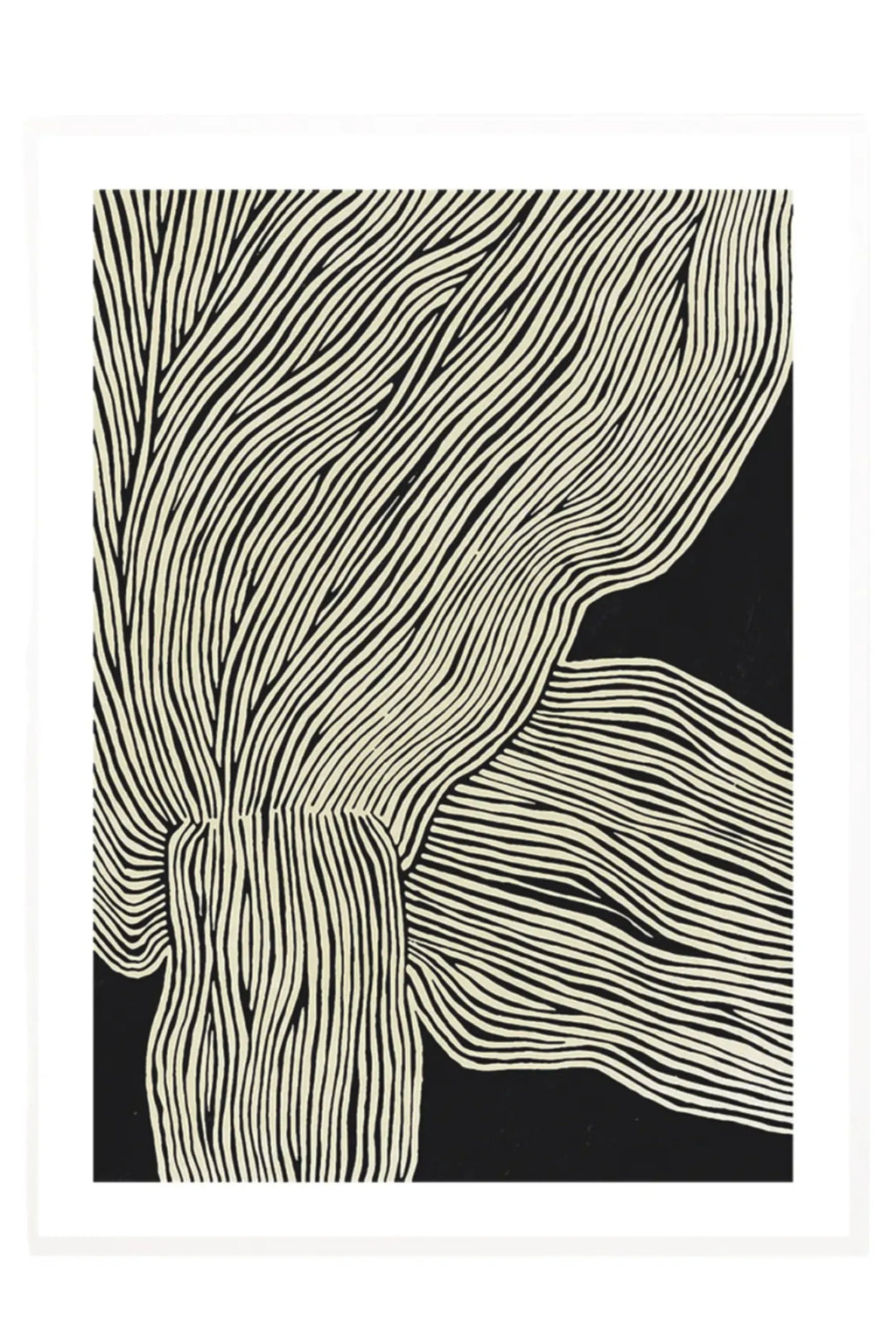 The Poster Club The Line No 13, a minimalist abstract art print featuring organic, flowing light beige lines against a solid black background, creating a bold, graphic pattern with a contemporary feel. This monochrome wall art is perfect for modern living rooms, Scandinavian bedrooms, or as a striking addition to a gallery wall.