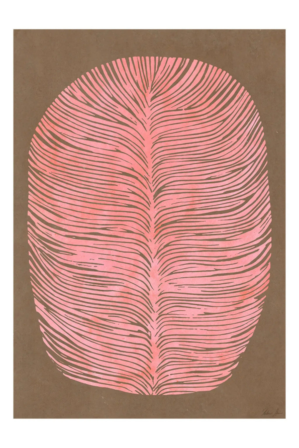The Poster Club Pink Lagoon, an abstract art print featuring a vibrant coral pink organic shape with delicate hand-drawn lines resembling a feather or botanical form, set against a rich, textured brown background. This contemporary wall art is perfect for adding a touch of organic modern design to minimalist living rooms, serene bedrooms, or a curated gallery wall.