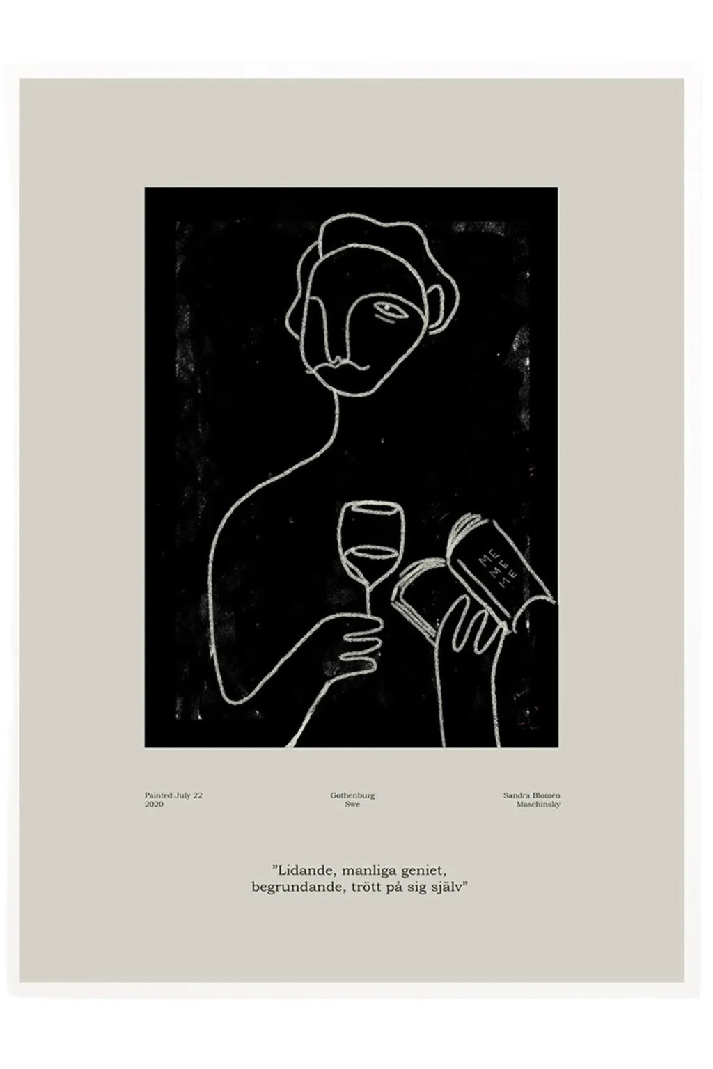 The Poster Club Genius, a minimalist abstract line art print featuring a white chalk-like figure holding a wine glass and a book against a textured black background. This expressive figure drawing is printed on high-quality matte paper with a wide, warm cream-colored mat border.