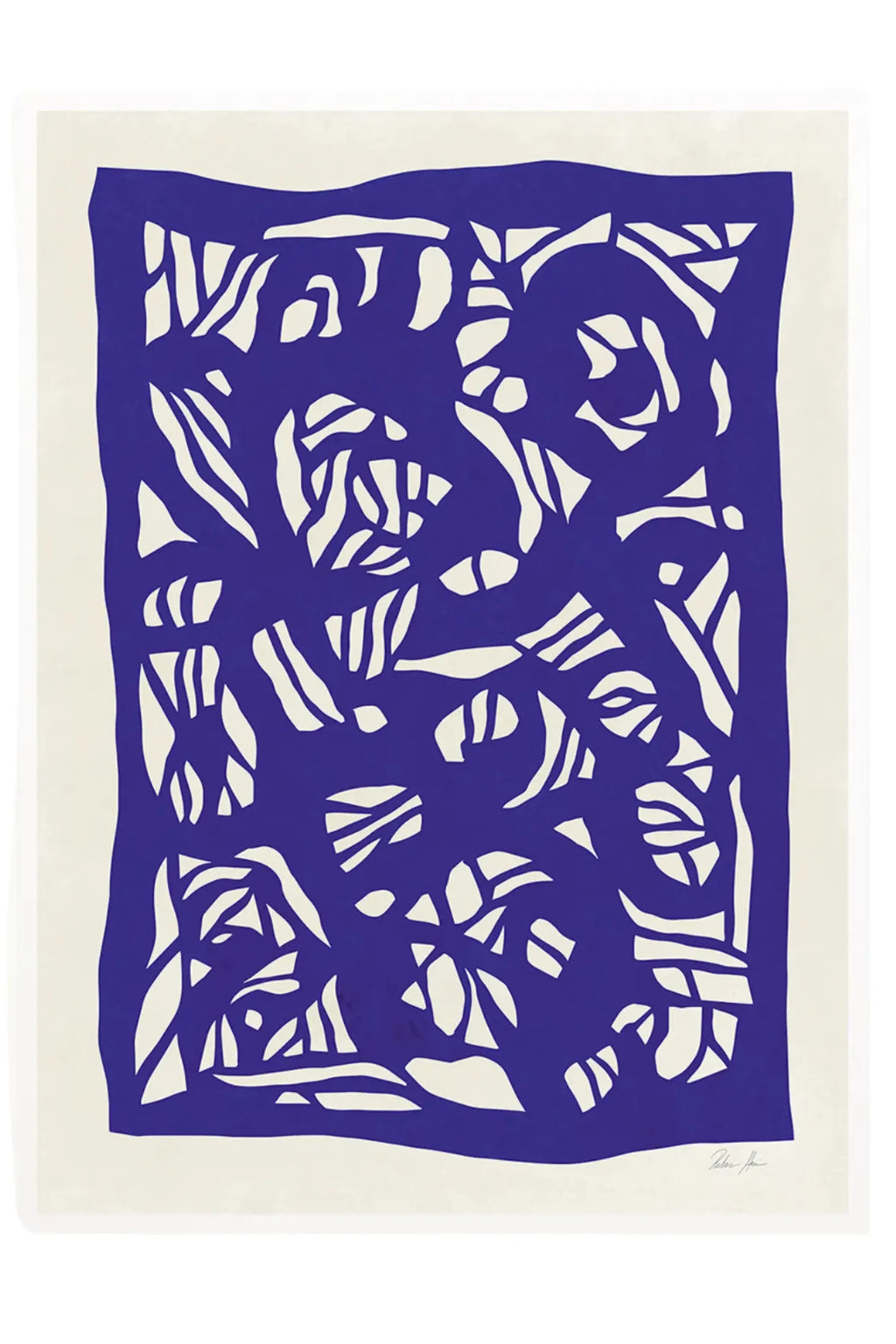 The Poster Club Root no. 03, a modern abstract art print showcasing a striking deep royal blue organic cut-out shape filled with fluid off-white forms, all set against a clean cream background.