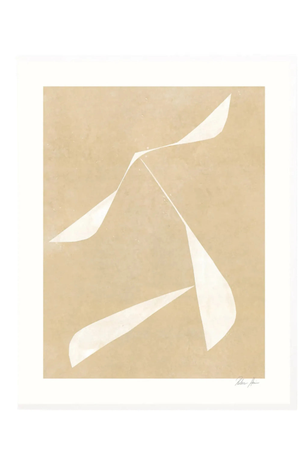 The Poster Club Move no. 03, a minimalist abstract art print featuring fluid off-white organic shapes against a warm beige background with a subtle textured finish. The design incorporates soft, flowing lines and a harmonious neutral color palette, presented within a crisp white frame and mat. Perfect as contemporary wall art for modern minimalist, Japandi, or Scandinavian living rooms and gallery walls.