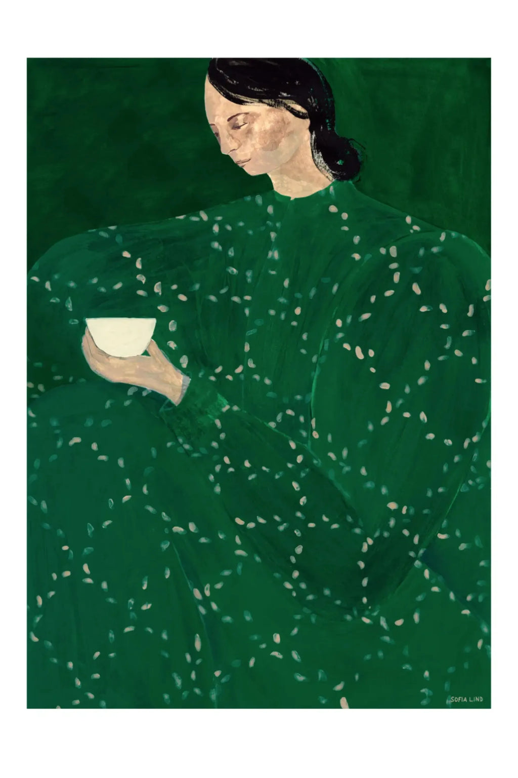 The Poster Club Coffee Alone At Place De Clichy, a contemporary art print featuring an abstract portrait of a woman with dark hair in a deep emerald green dress with scattered cream speckles, holding a small.