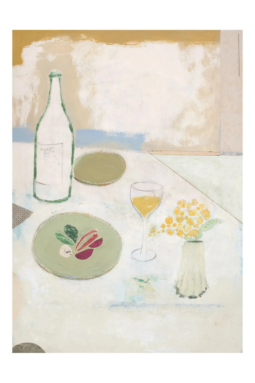 The Poster Club Fleurs Jaunes, a vibrant abstract still life art print depicting a painterly composition of a green wine bottle, muted olive green plates, a glass of yellow wine, and an expressive bouquet of yellow flowers in a textured cream vase. Rendered with visible brushstrokes in a soft, organic modern palette of cream, pale blue, tan, and burgundy accents, this contemporary wall art is perfect for adding a sophisticated touch to dining rooms, kitchens, or living spaces.