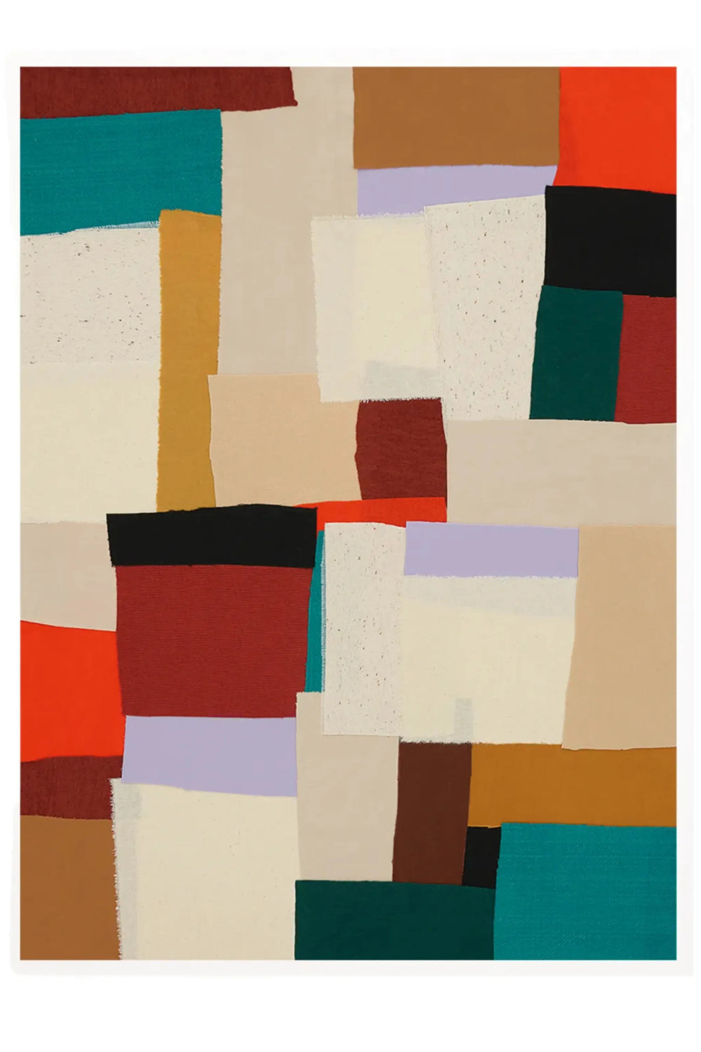 The Poster Club Fields, an abstract art print featuring a vibrant patchwork of color blocks with a painterly textured finish. This contemporary design showcases irregular geometric shapes in a rich palette of terracotta, deep teal, mustard yellow, warm beige, black, and soft lavender. Ideal as a statement piece of modern wall art for a living room, bedroom, or gallery wall, complementing both boho and organic modern interiors.