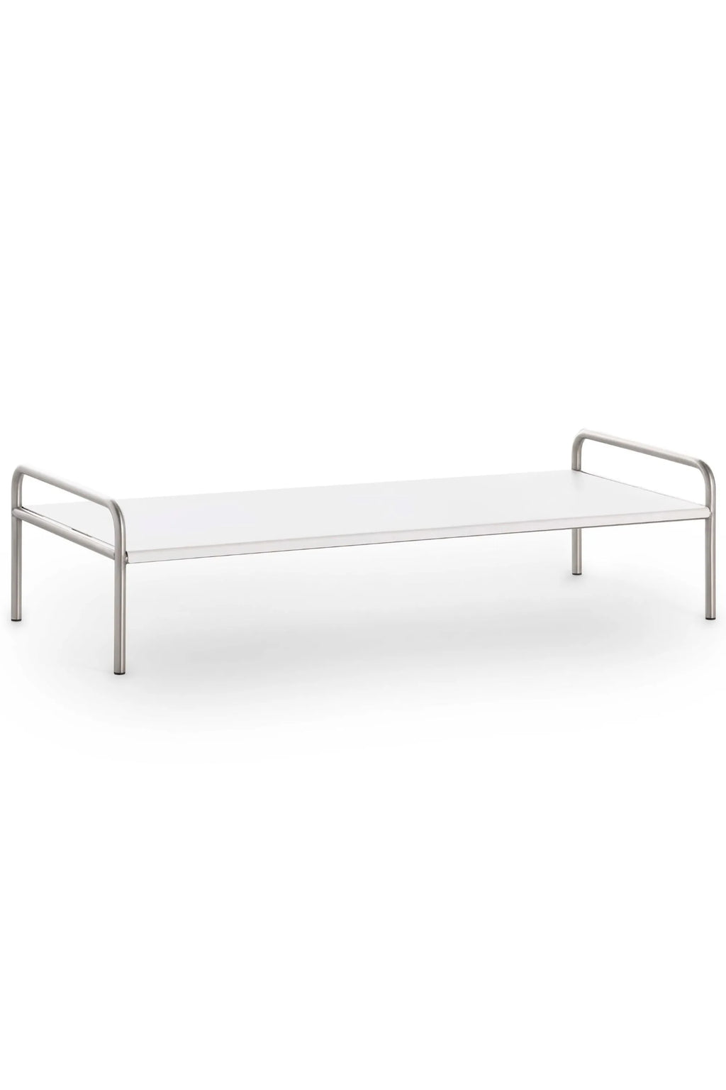 Gandia Blasco Onsen Coffee Table 153, a sleek modern minimalist outdoor coffee table featuring a rectangular white HPL (High-Pressure Laminate) top and a durable brushed stainless steel frame with elegant rounded tubular legs and side rails. This contemporary outdoor table is perfect for a sophisticated patio, garden, or poolside lounge area.