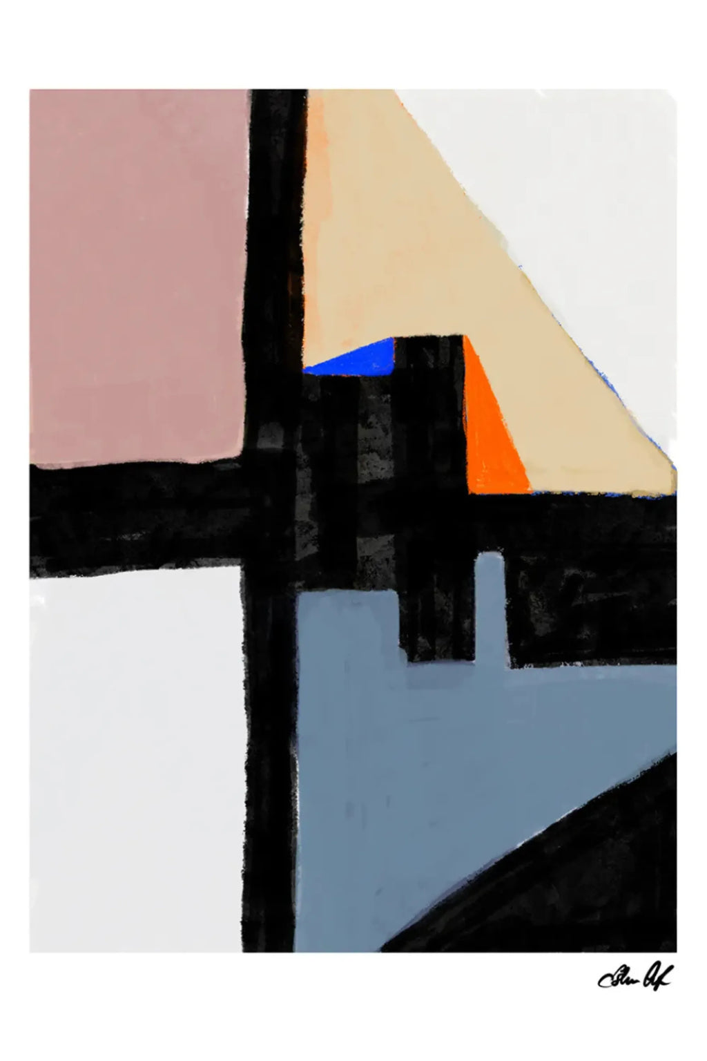 The Poster Club Kompromiss, a modern abstract art print featuring a striking composition of bold black brushstroke forms, soft blush pink, light beige, white, and muted blue geometric shapes. Vibrant accents of bright blue and orange add dynamic contrast to the contemporary design. Ideal as a statement piece for a minimalist living room, modern bedroom, or a sophisticated addition to a gallery wall.