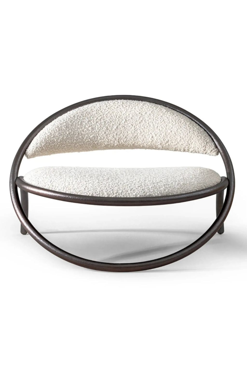 Hessentia Ryo Armchair, a sculptural organic modern lounge chair designed with a distinctive elliptical dark bronze metal frame and plush cream bouclé upholstery. Its unique contemporary silhouette and textured fabric create a minimalist yet inviting aesthetic. Ideal as a statement accent chair for living rooms or a cozy reading nook in modern interiors.