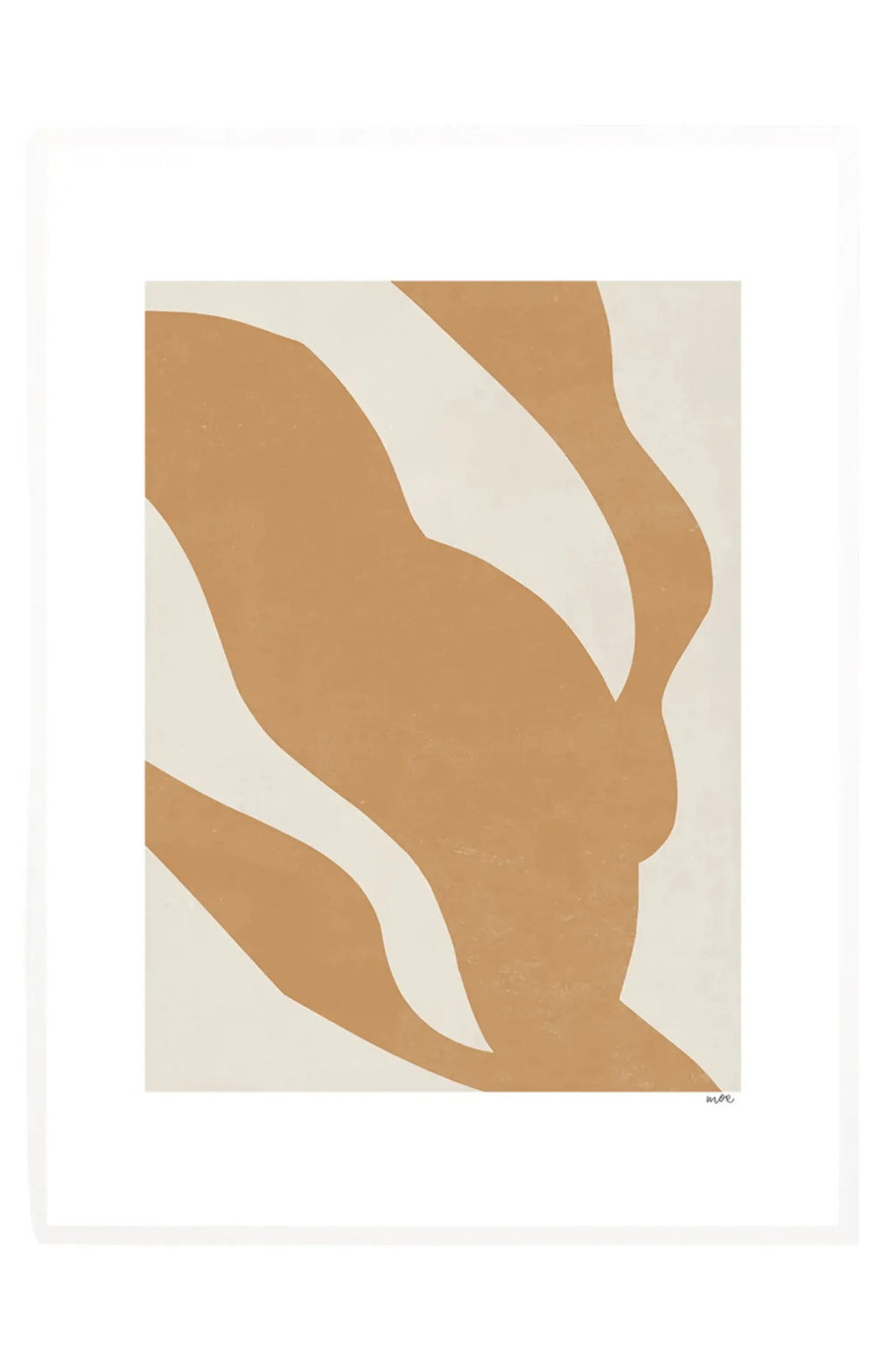 The Poster Club In Motion, an abstract art print featuring flowing, organic shapes in warm terracotta and earthy beige tones against a minimalist off-white background. The graphic design has a subtle textured finish, creating a contemporary yet natural aesthetic. Perfect for adding a touch of organic modern style to living rooms, bedrooms, or gallery walls.