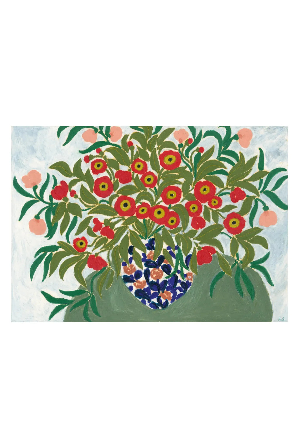 The Poster Club Table Flowers, a vibrant folk art print featuring bold red and yellow flowers with lush dark green leaves and soft pink accents, rendered with visible brushstrokes for a textured, naive aesthetic.