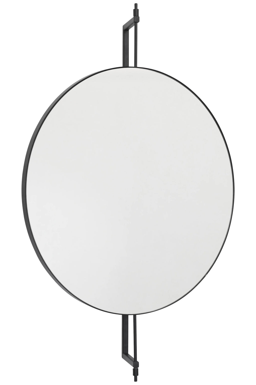 Kristina Dam Rotating Mirror, a sleek modern minimalist circular mirror featuring a matte black metal frame and a unique vertical rotating mechanism with horizontal supports. This contemporary round wall mirror adds an industrial chic touch to any space, offering functionality and refined Scandinavian design. Perfect as an entryway mirror, decorative living room accent, or a stylish vanity mirror.