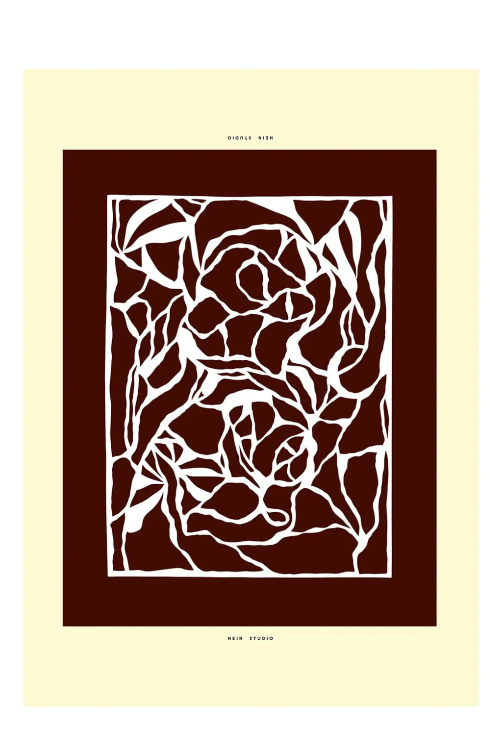 The Poster Club I See You – Bordeaux, an abstract art print featuring organic white shapes on a rich bordeaux background, framed by a soft cream border and outer white margin. This contemporary poster offers a modern minimalist aesthetic with its bold color blocking and fluid, interconnected forms. Ideal as striking wall art for a living room, bedroom, or a curated gallery wall.