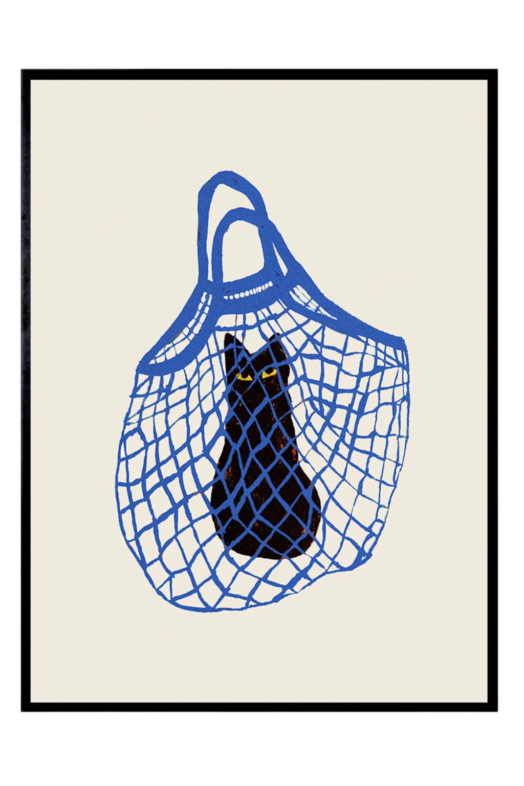 The Poster Club The Cat’s In The Bag, a playful modern minimalist art print featuring a bold black cat with bright yellow eyes peeking from a vibrant royal blue net bag.