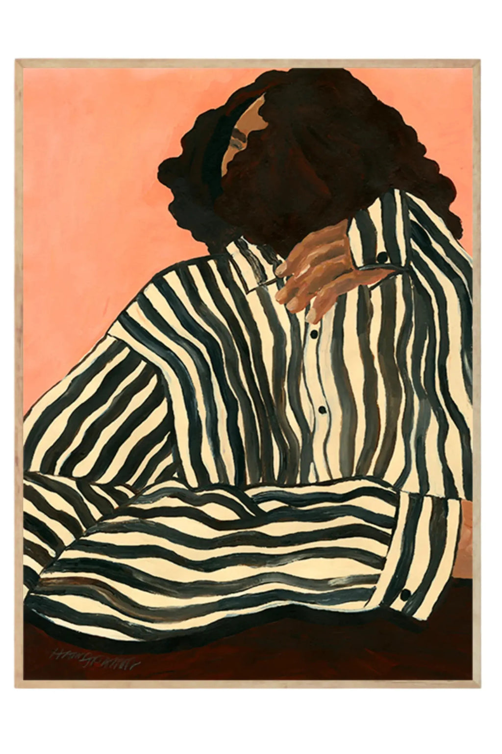 The Poster Club Serene Stripes, a contemporary illustrative art print featuring an abstract figure with dark hair and a bold black and cream striped shirt, set against a vibrant coral peach background.