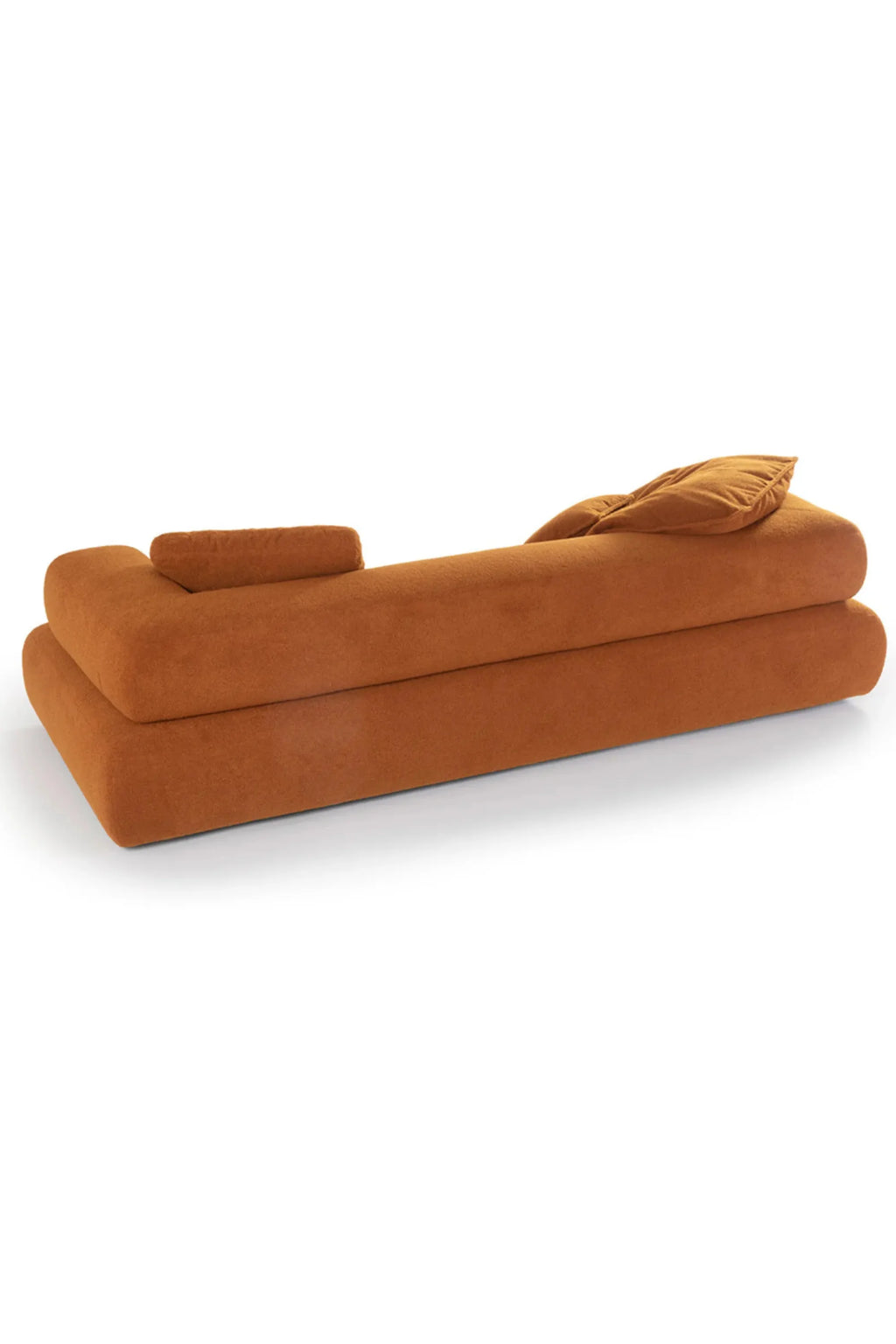 Hessentia Cholet Sofa, a contemporary low-profile sofa upholstered in a rich burnt orange fabric with a soft, plush texture and gently rounded edges.