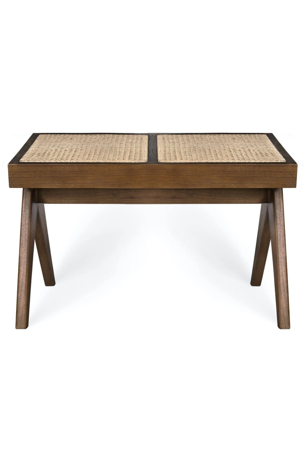 Detjer Rattan Bench 2, a mid-century modern bench crafted from warm brown solid wood with a rectangular top featuring two natural hand-woven rattan cane sections and elegantly angled legs. This Scandinavian-inspired wooden bench is perfect as a stylish entryway console, living room accent, or bedroom seating.